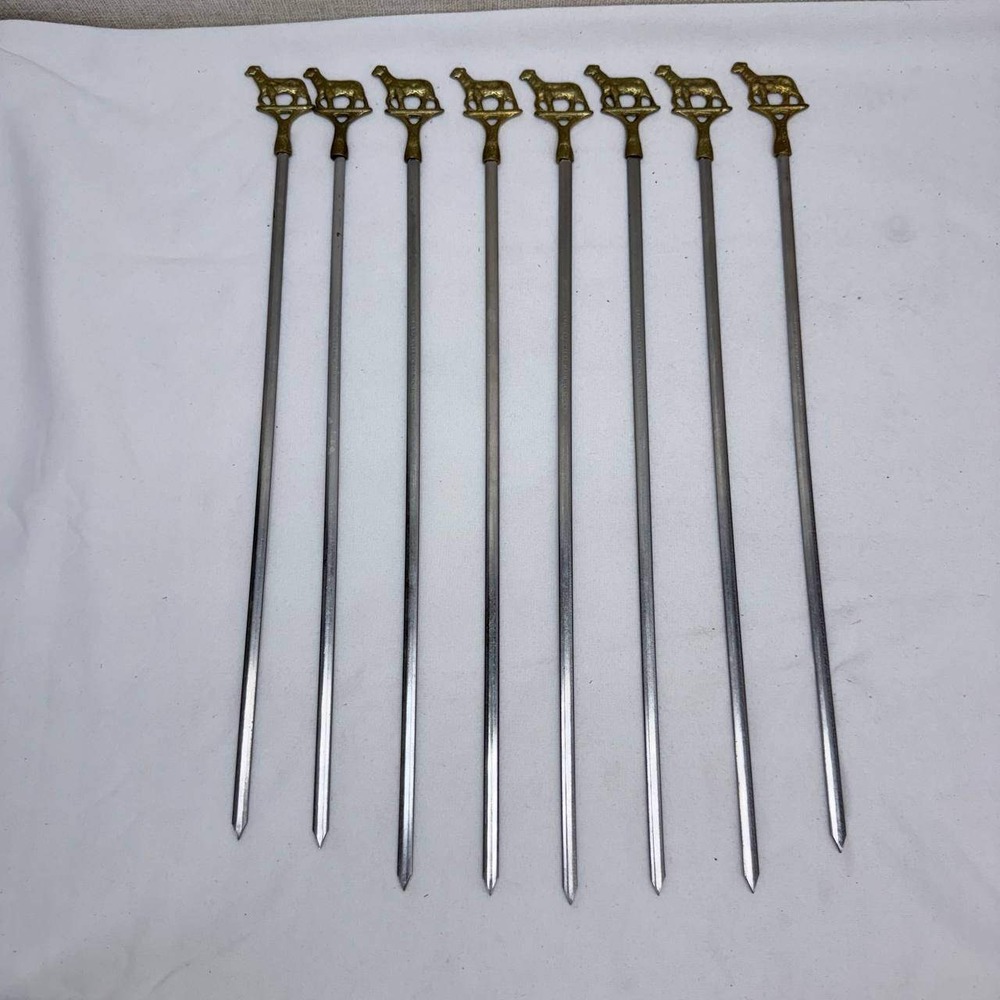 Vintage Set of 8 Brass Sheep Finial Stainless Steel BBQ Skewers Made in Turkey